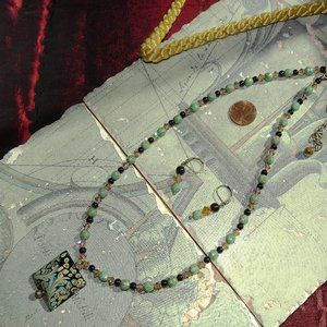 Handcrafted artisanal earring & necklace set with black square focal bead